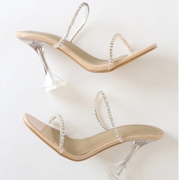 Lulus Light Nude Patent Rhinestone Square-Toe High Heel Sandals - Picture 3 of 4
